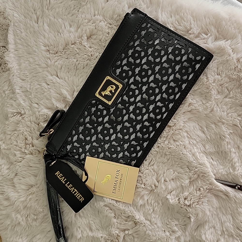 Emma Fox Black Leather Wristlet NWT